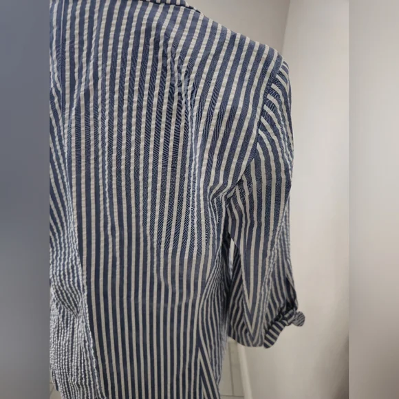 ELLE Open Front Vneck Blazer Shacket Women White/Blue striped 3/4 Sleeve Sz: M - Picture 9 of 14